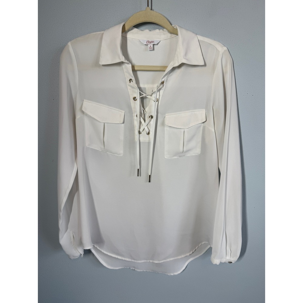 Candies Womens Chiffon Blouse Size M White Lace Up Office Workwear Lightweight
